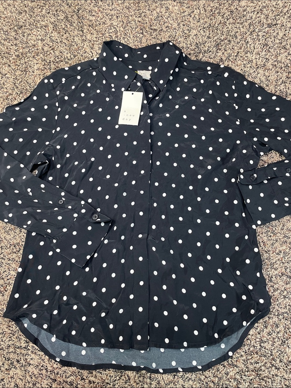 A New Day Button Down Long Sleeve Blouse Black White Polka Dot Sz S | NWT